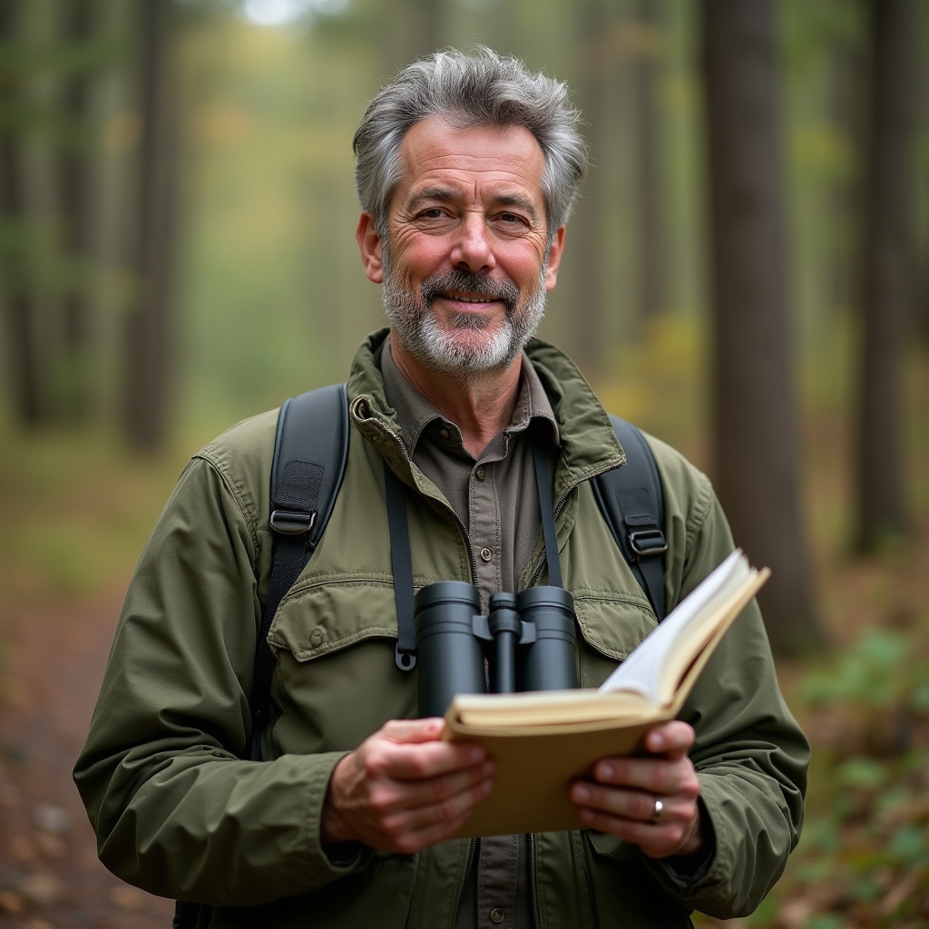 Program director standing in a forest with binoculars and field guide
